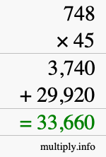 How to calculate 748 times 45 using long multiplication