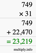 How to calculate 749 times 31 using long multiplication