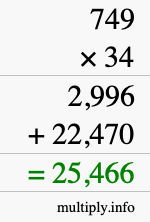 How to calculate 749 times 34 using long multiplication