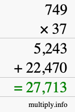 How to calculate 749 times 37 using long multiplication