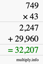 How to calculate 749 times 43 using long multiplication