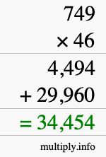 How to calculate 749 times 46 using long multiplication