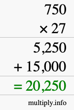 How to calculate 750 times 27 using long multiplication