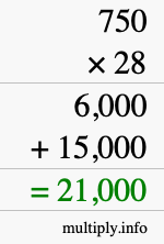 How to calculate 750 times 28 using long multiplication