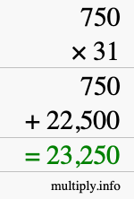 How to calculate 750 times 31 using long multiplication