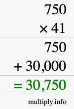How to calculate 750 times 41 using long multiplication