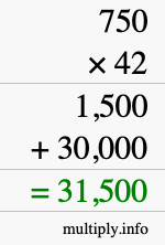 How to calculate 750 times 42 using long multiplication