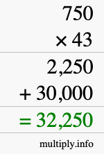 How to calculate 750 times 43 using long multiplication