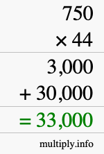How to calculate 750 times 44 using long multiplication