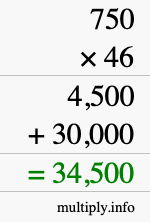 How to calculate 750 times 46 using long multiplication