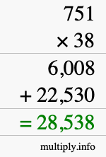 How to calculate 751 times 38 using long multiplication