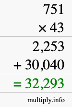 How to calculate 751 times 43 using long multiplication