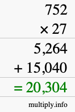 How to calculate 752 times 27 using long multiplication