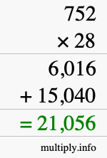 How to calculate 752 times 28 using long multiplication