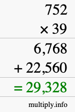 How to calculate 752 times 39 using long multiplication