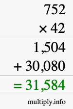 How to calculate 752 times 42 using long multiplication