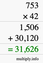 How to calculate 753 times 42 using long multiplication