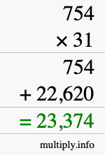 How to calculate 754 times 31 using long multiplication