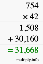 How to calculate 754 times 42 using long multiplication
