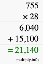 How to calculate 755 times 28 using long multiplication