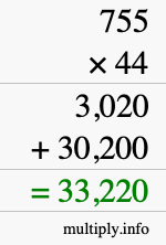 How to calculate 755 times 44 using long multiplication