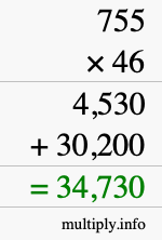 How to calculate 755 times 46 using long multiplication