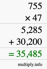 How to calculate 755 times 47 using long multiplication