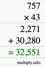How to calculate 757 times 43 using long multiplication