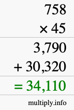 How to calculate 758 times 45 using long multiplication