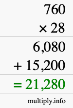 How to calculate 760 times 28 using long multiplication
