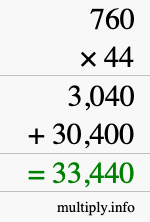 How to calculate 760 times 44 using long multiplication