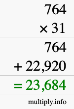 How to calculate 764 times 31 using long multiplication