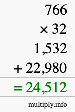 How to calculate 766 times 32 using long multiplication