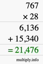 How to calculate 767 times 28 using long multiplication