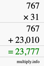 How to calculate 767 times 31 using long multiplication