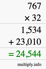 How to calculate 767 times 32 using long multiplication