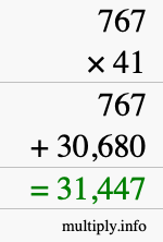 How to calculate 767 times 41 using long multiplication