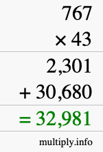 How to calculate 767 times 43 using long multiplication