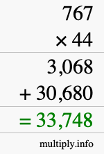 How to calculate 767 times 44 using long multiplication