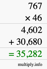 How to calculate 767 times 46 using long multiplication