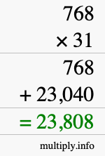 How to calculate 768 times 31 using long multiplication