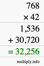 How to calculate 768 times 42 using long multiplication