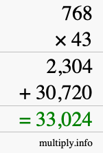 How to calculate 768 times 43 using long multiplication