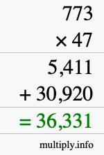 How to calculate 773 times 47 using long multiplication