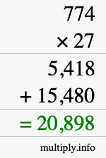 How to calculate 774 times 27 using long multiplication