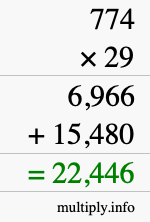 How to calculate 774 times 29 using long multiplication