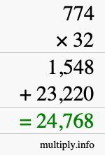 How to calculate 774 times 32 using long multiplication