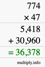 How to calculate 774 times 47 using long multiplication