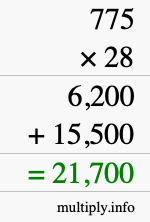 How to calculate 775 times 28 using long multiplication