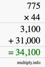 How to calculate 775 times 44 using long multiplication